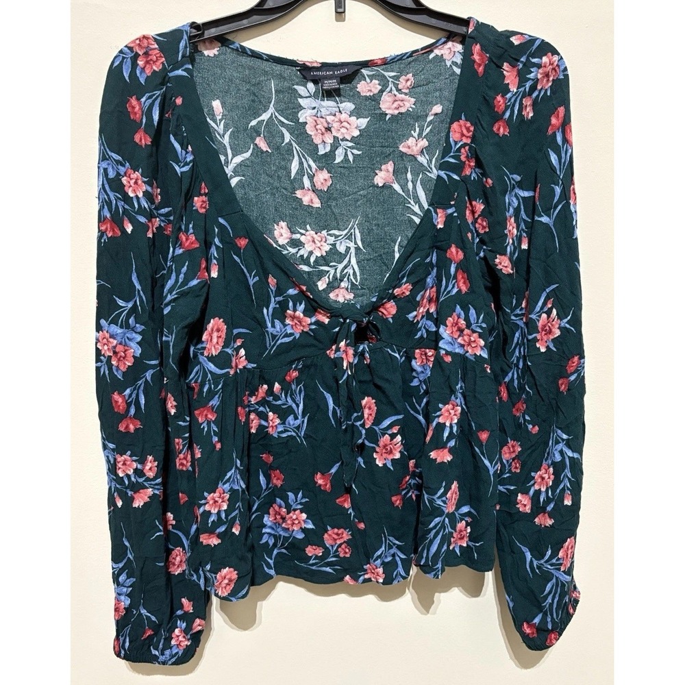 NWOT AEO American Eagle Floral Black Pink Flowy Blouse Scoop Long Sleeve Medium